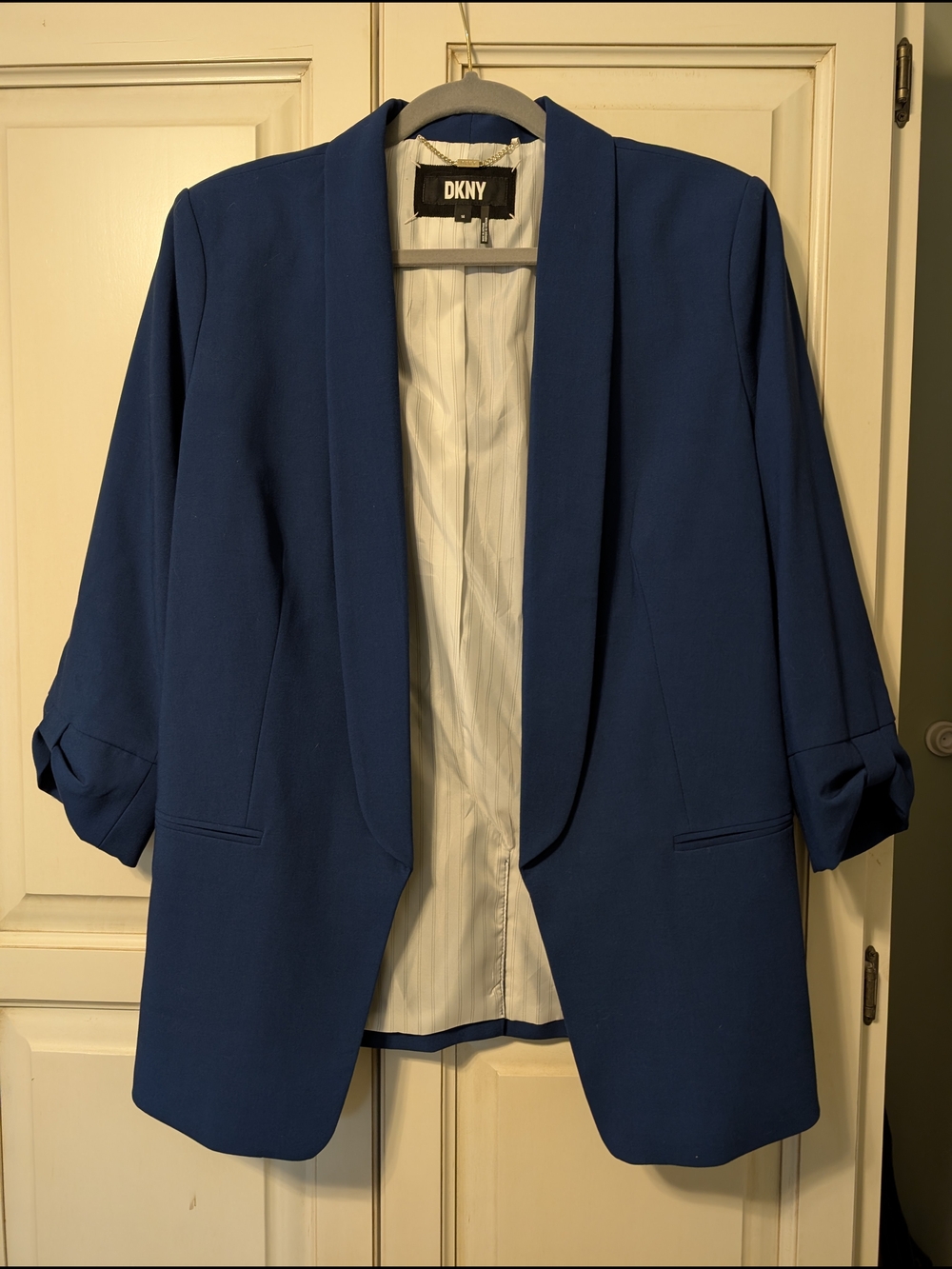 DKNY Women's Royal Blue Shawl Collar Open Front Blazer
